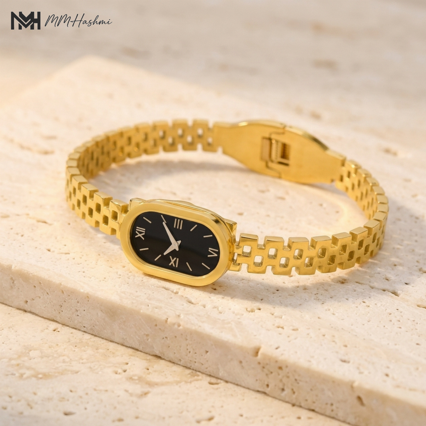 Black Dial Gold-Tone Stainless Steel Watch Style Bracelet