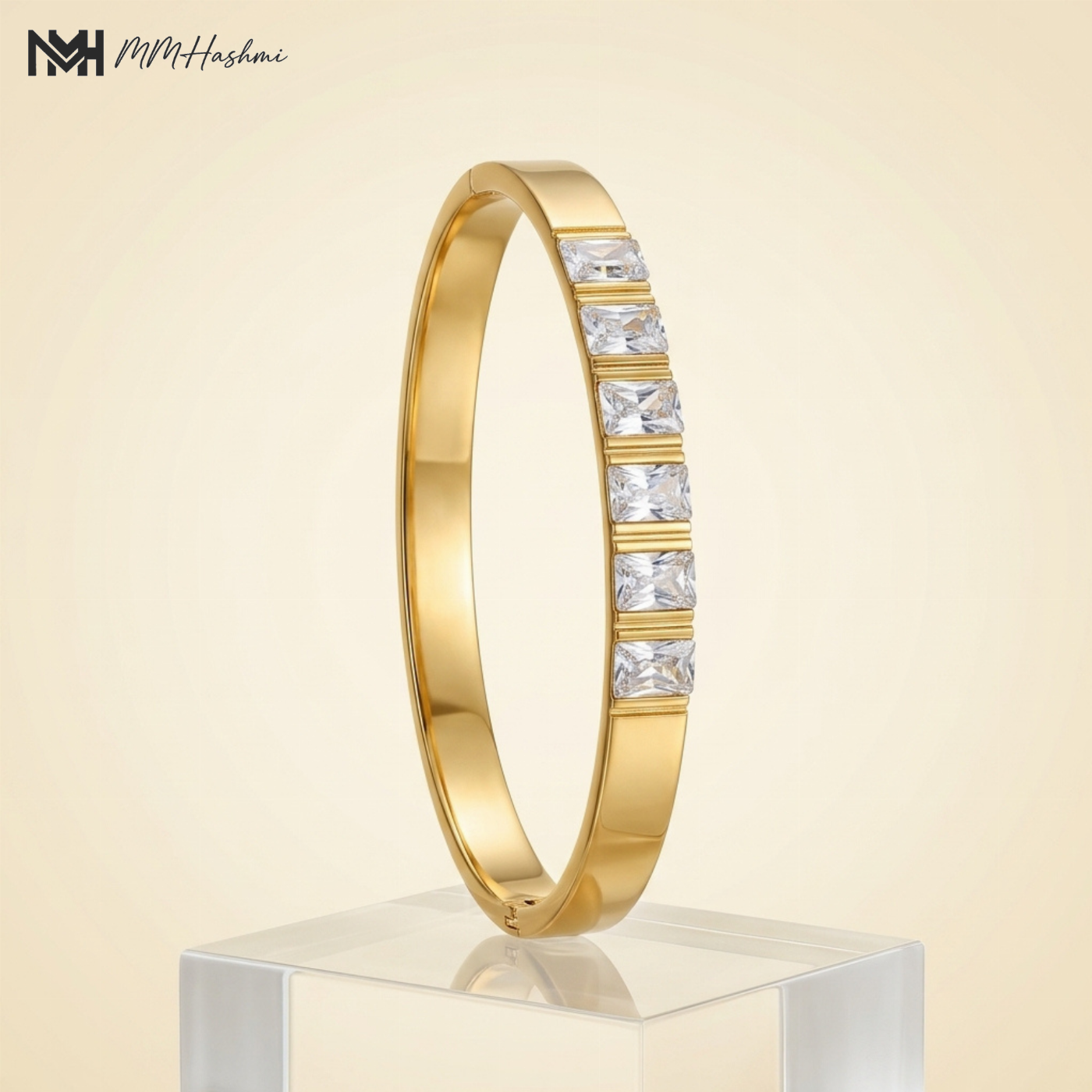 Rectangular Crystal Gold-Tone Stainless Steel Bangle