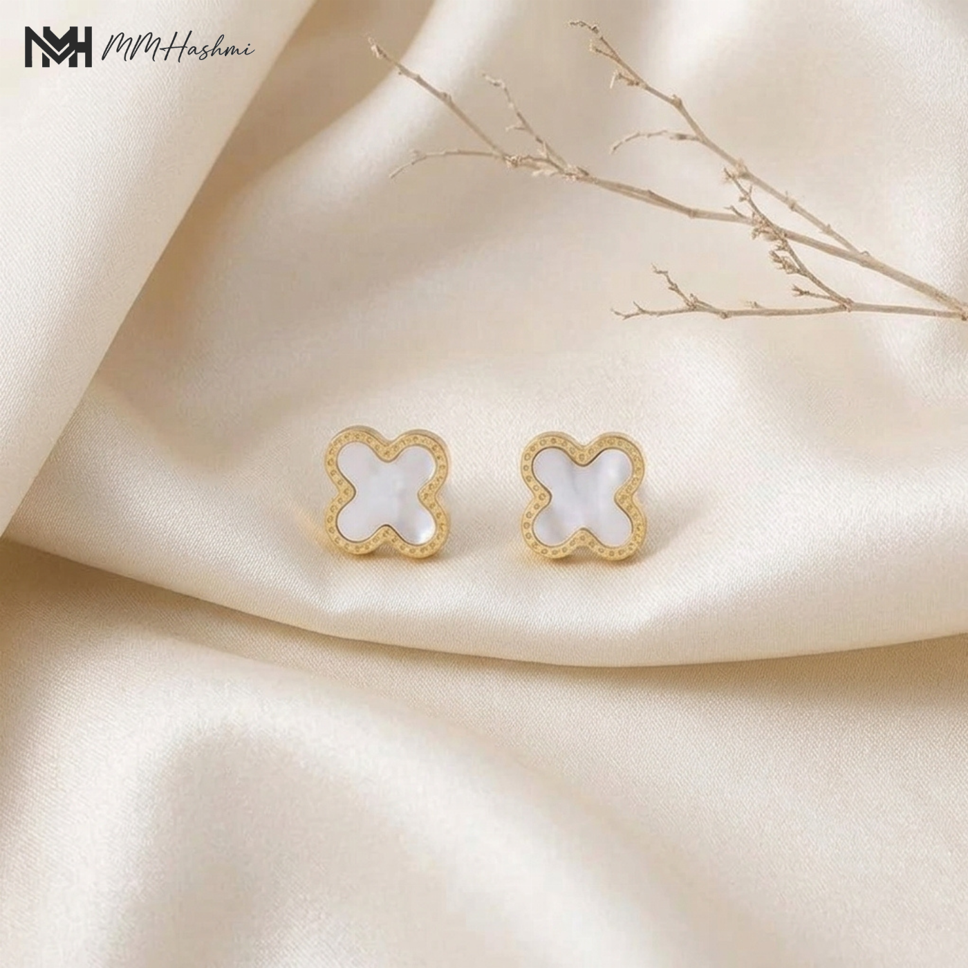 White Clover Gold-Tone Stainless Steel Stud Earrings