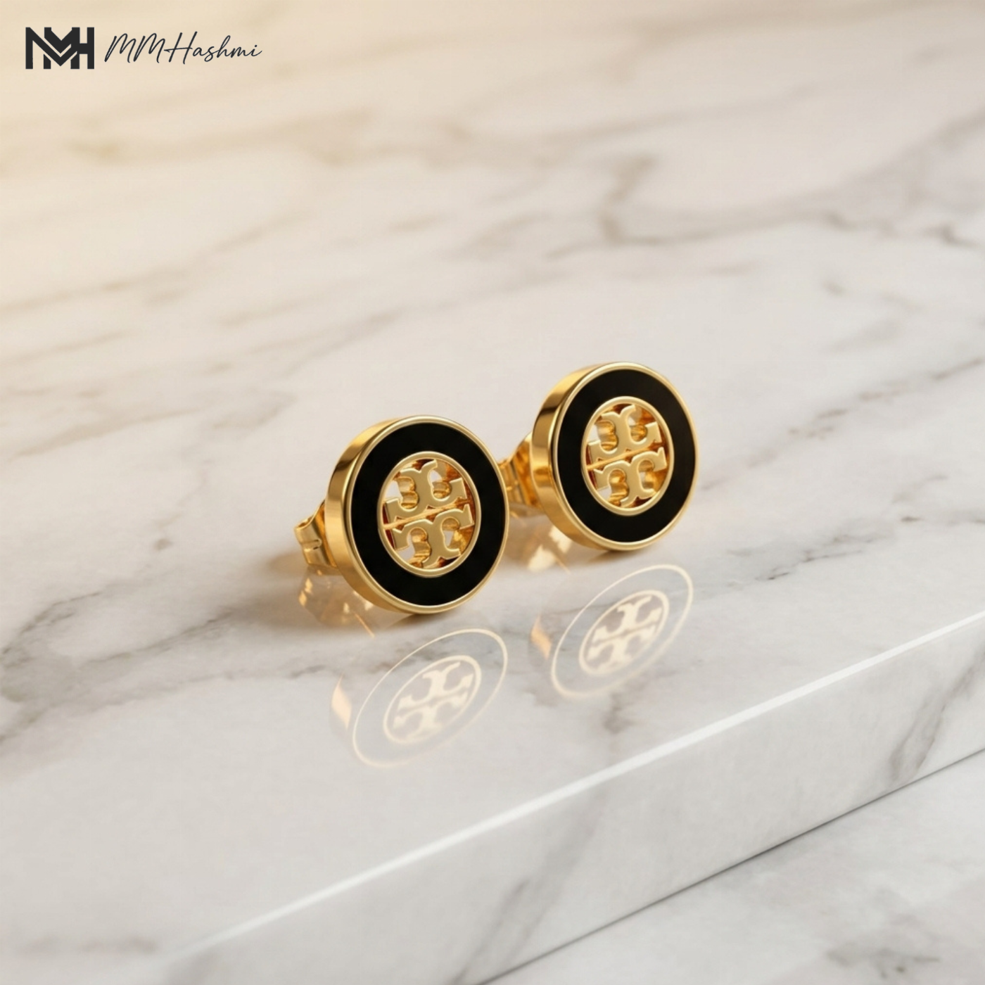 Black Round Gold-Tone Stainless Steel Stud Earrings
