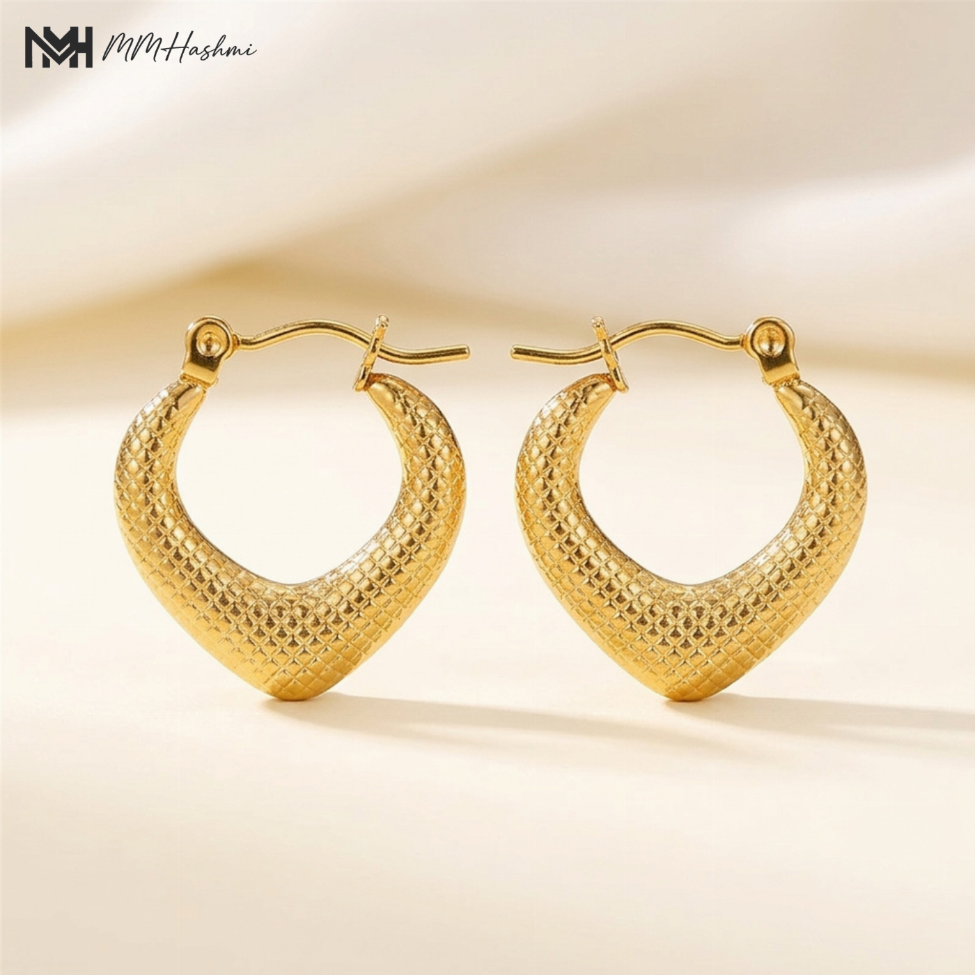 Textured Gold-Tone Stainless Steel Heart Hoop Earrings