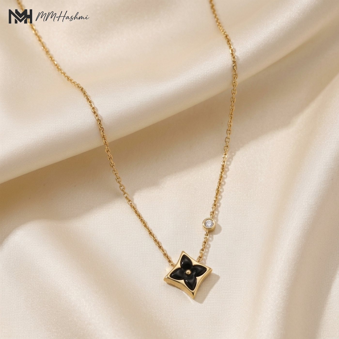 Black Flower Star Gold-Tone Stainless Steel Necklace