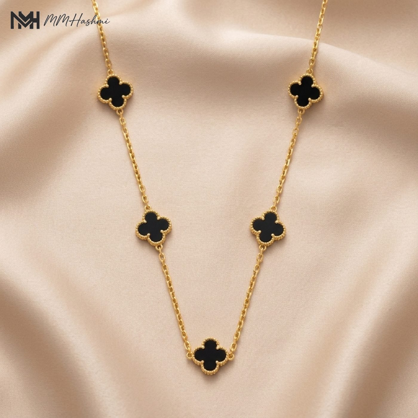 Black Clover Station Gold-Tone Stainless Steel Necklace