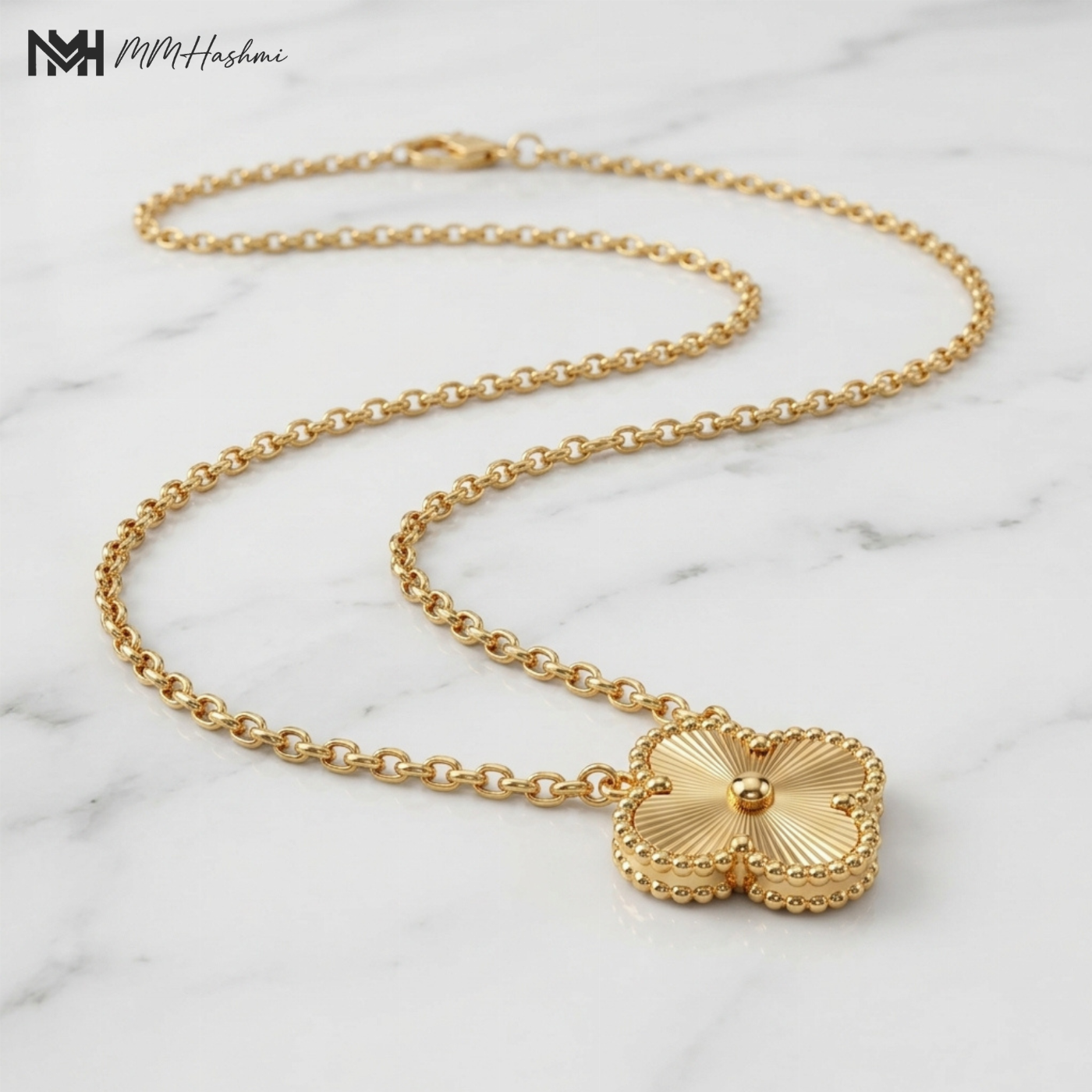 Fluted Clover Domed Gold-Tone Stainless Steel Necklace