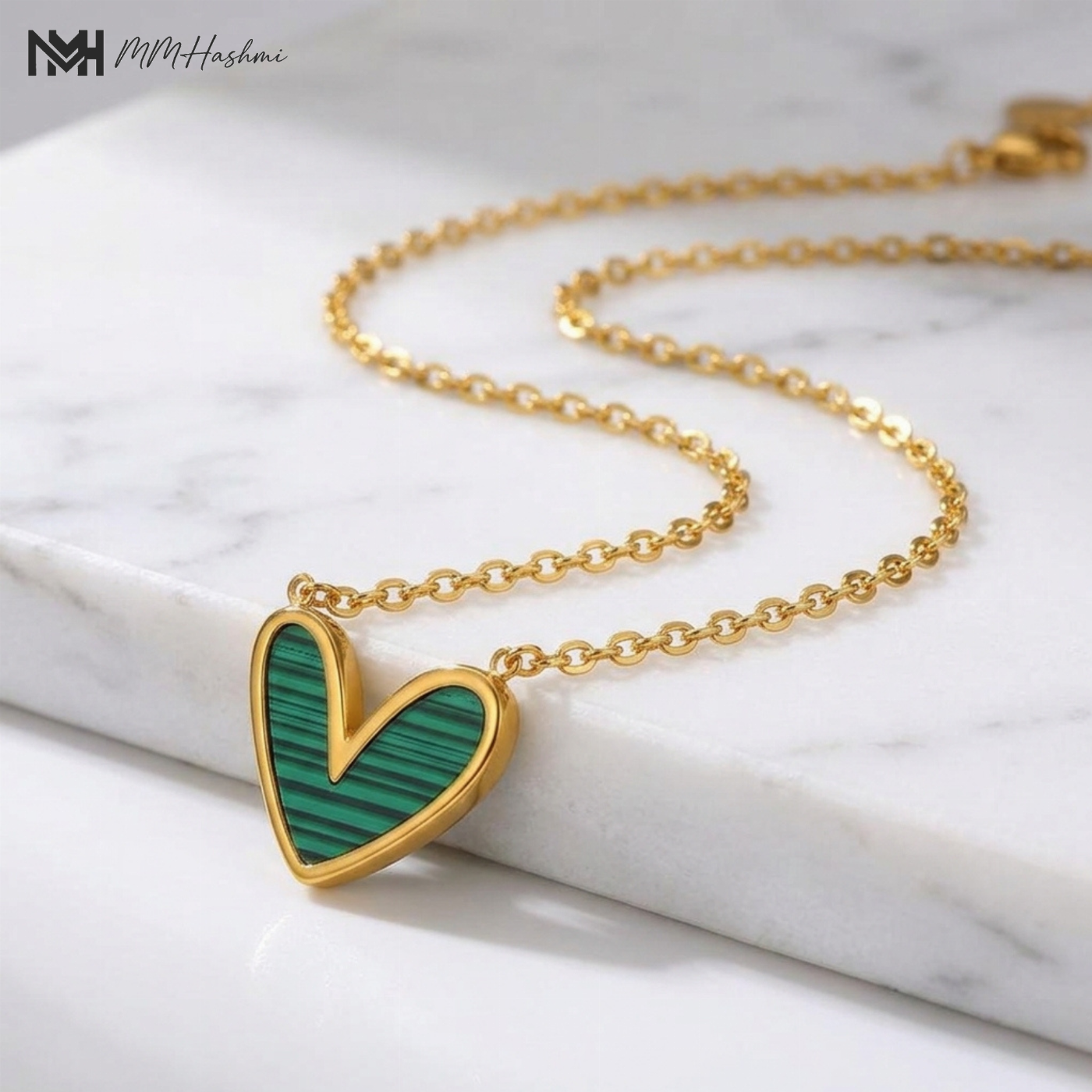 Malachite Heart Gold-Tone Stainless Steel Necklace