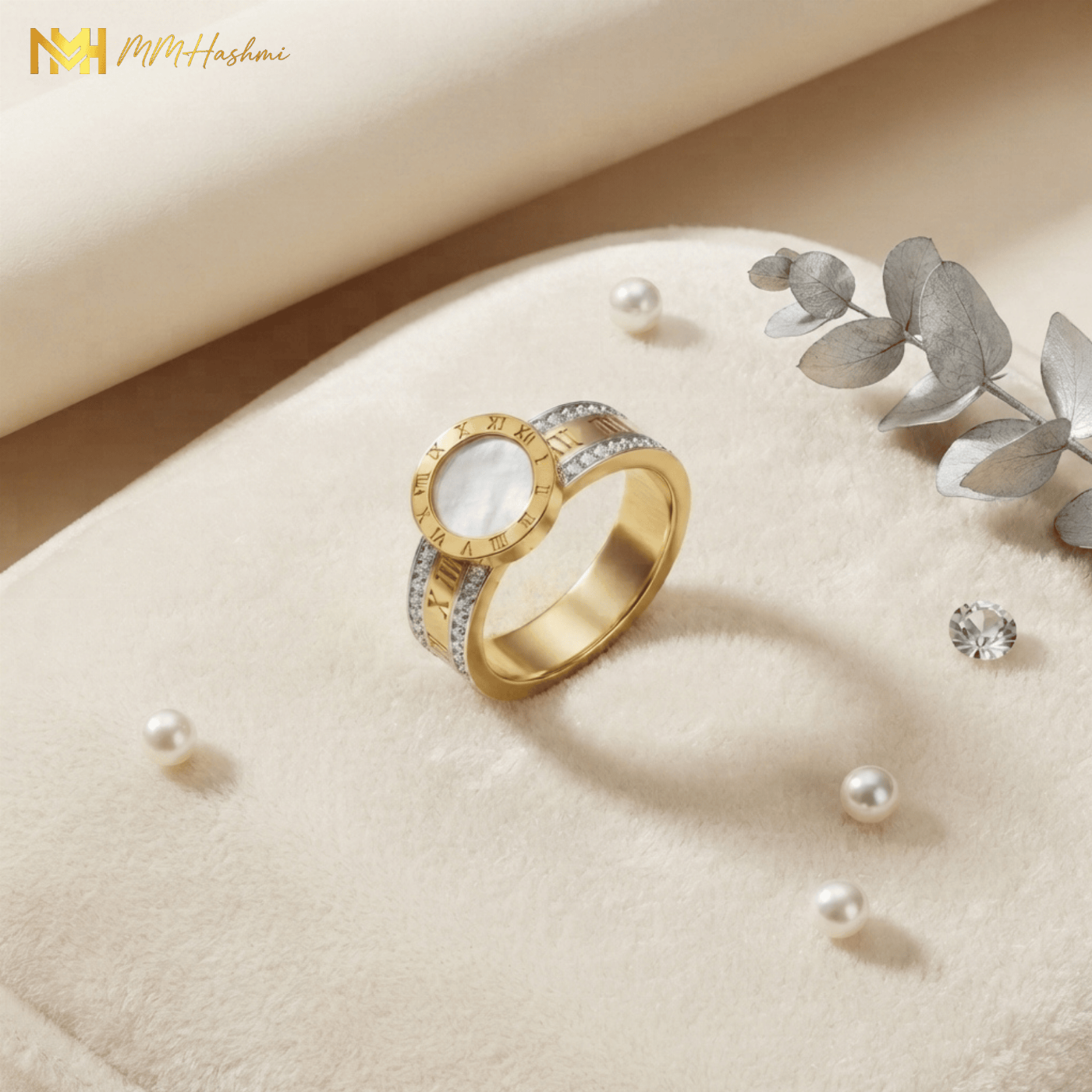 Roman Numeral Mother of Pearl Pave Gold-Tone Stainless Steel Ring