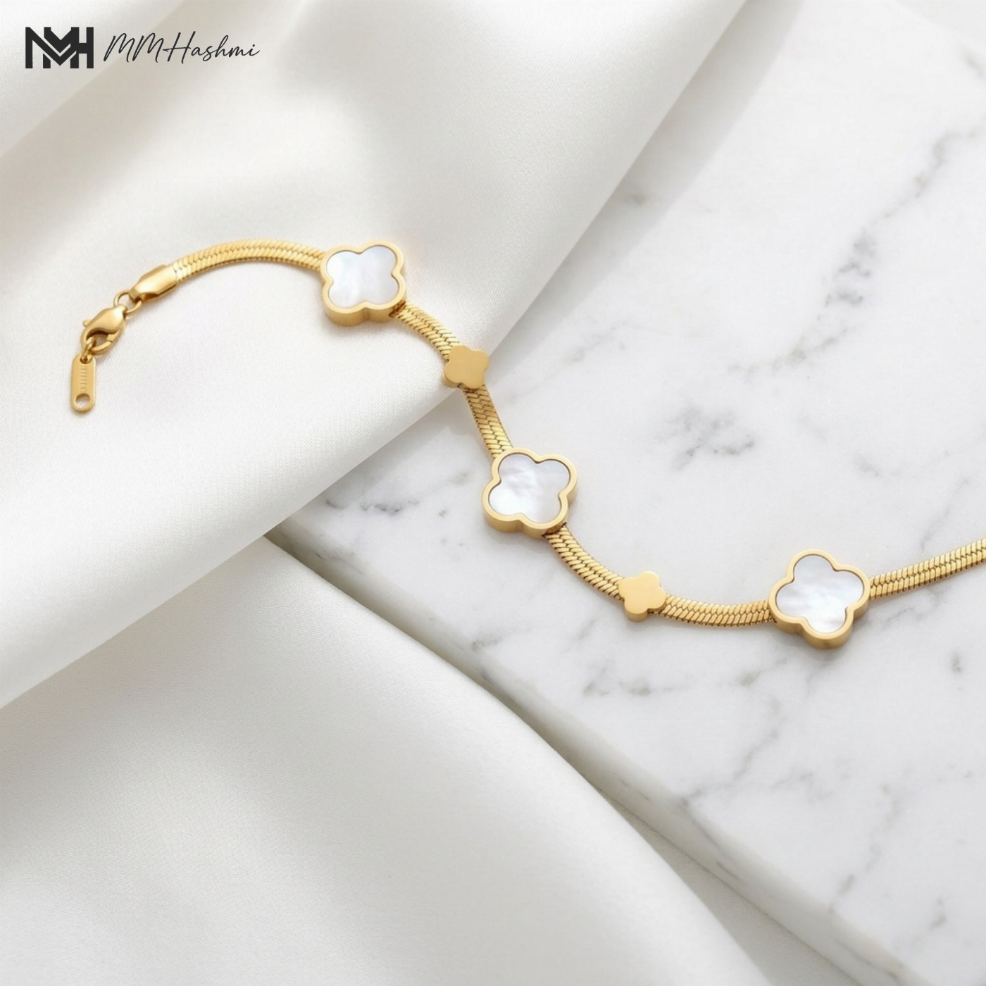 Gold-Tone Stainless Steel White Clover Bracelet