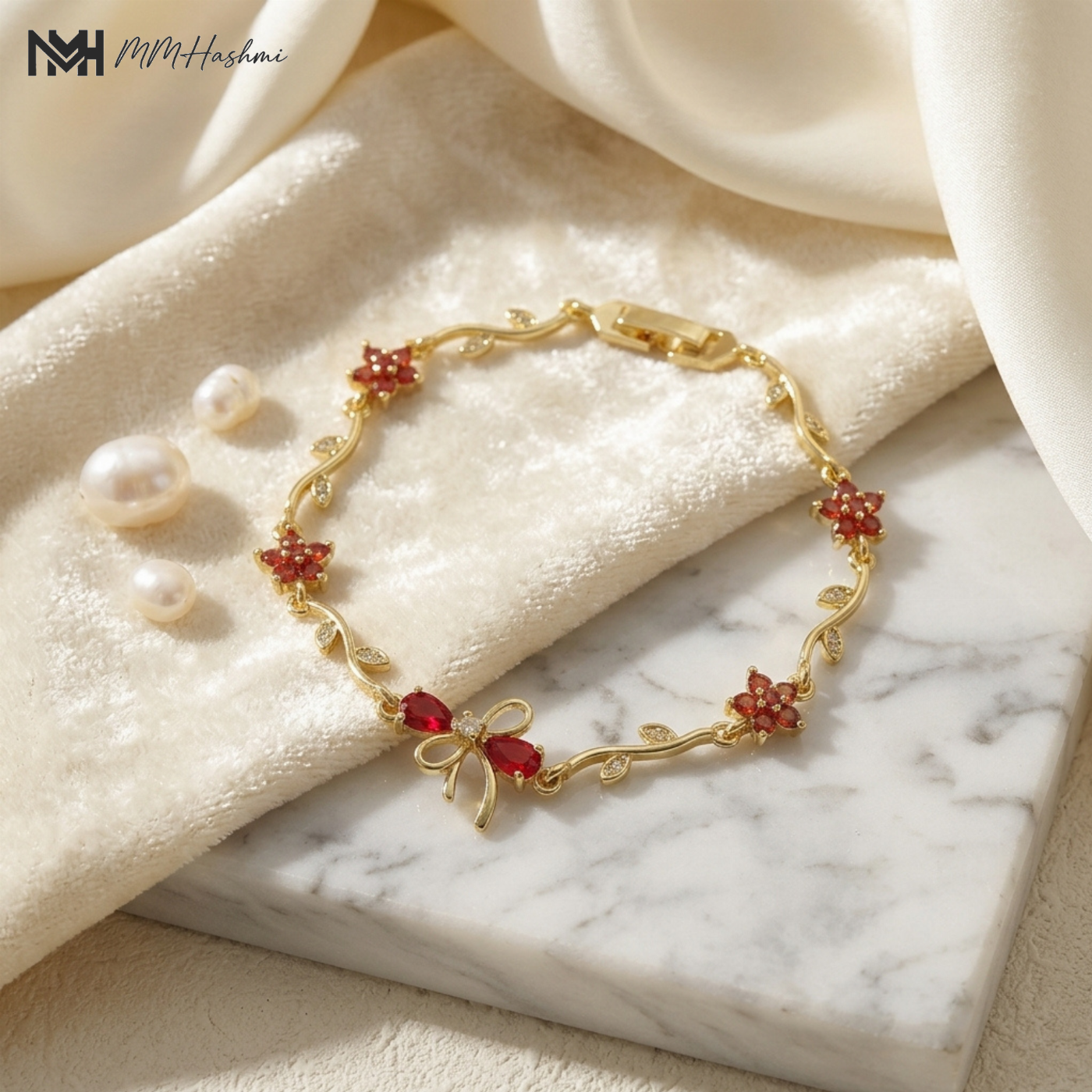 Red Tulip Vine Gold-Tone Stainless Steel Bracelet
