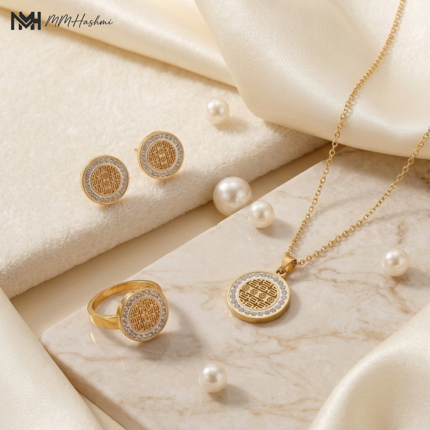 Engraved Medallion Lace-Trim Gold-Tone Stainless Steel Necklace, Earrings & Ring