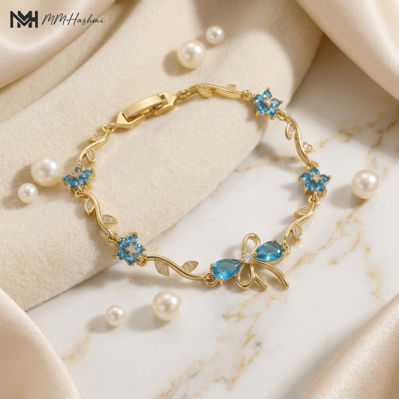Blue Tulip Vine Gold-Tone Stainless Steel Bracelet