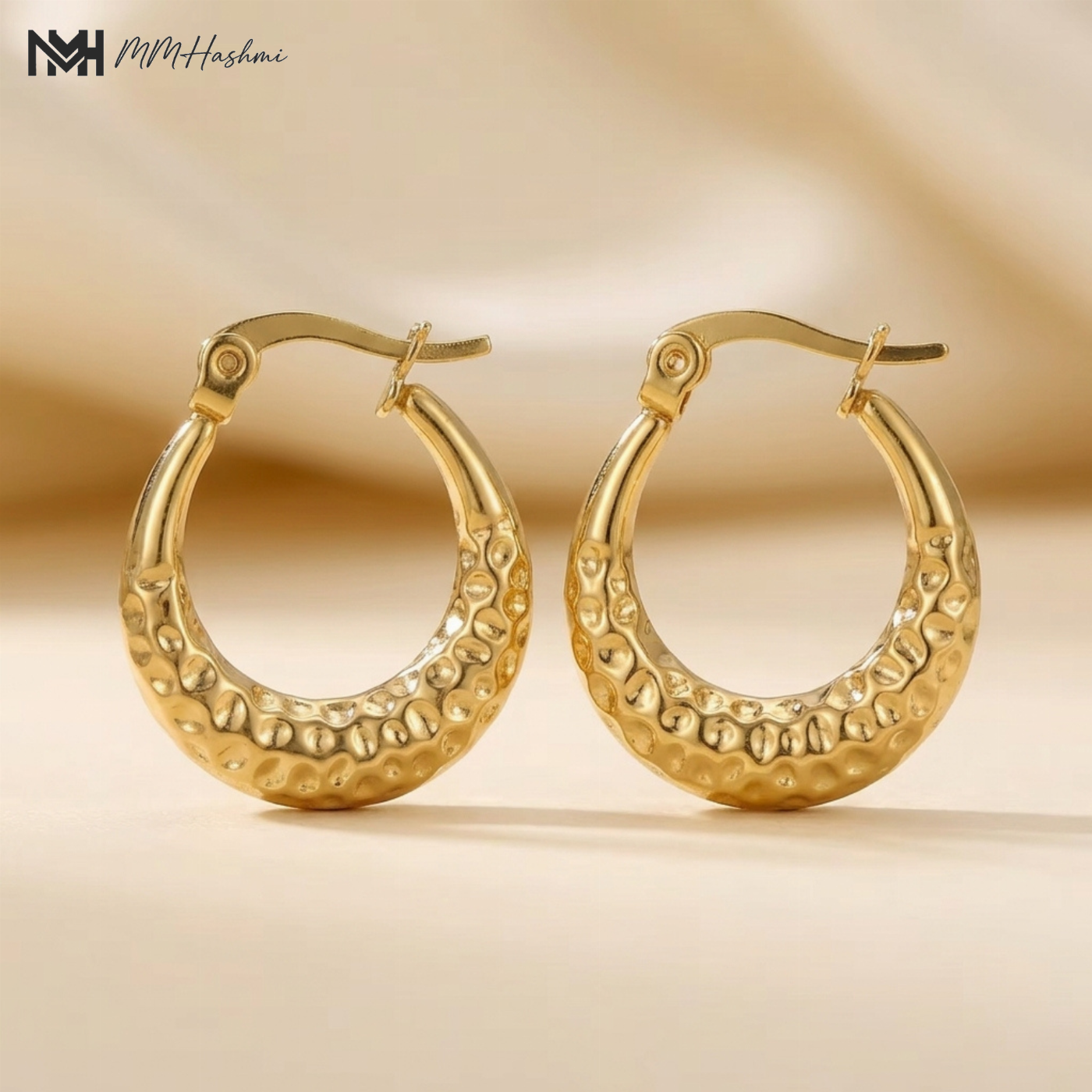 Hammered Gold-Tone Stainless Steel Oval Hoop Earrings