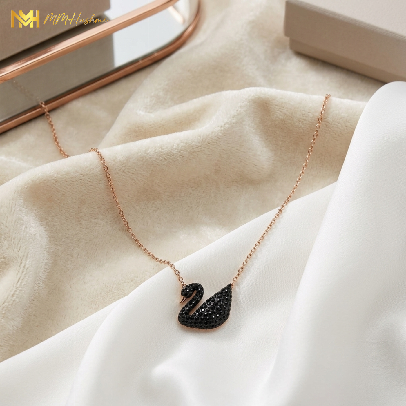 Black Crystal Swan Rose Gold-Tone Stainless Steel Necklace