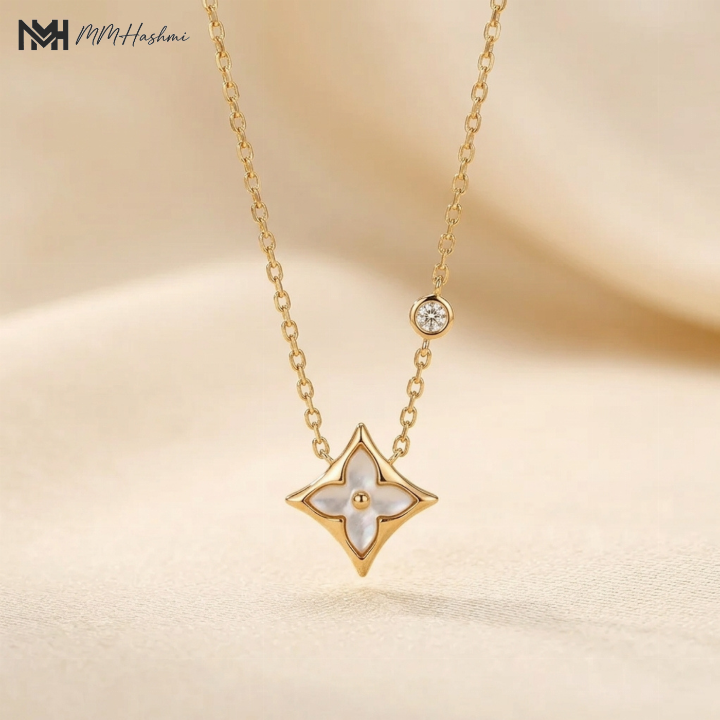 White Flower Star Gold-Tone Stainless Steel Necklace