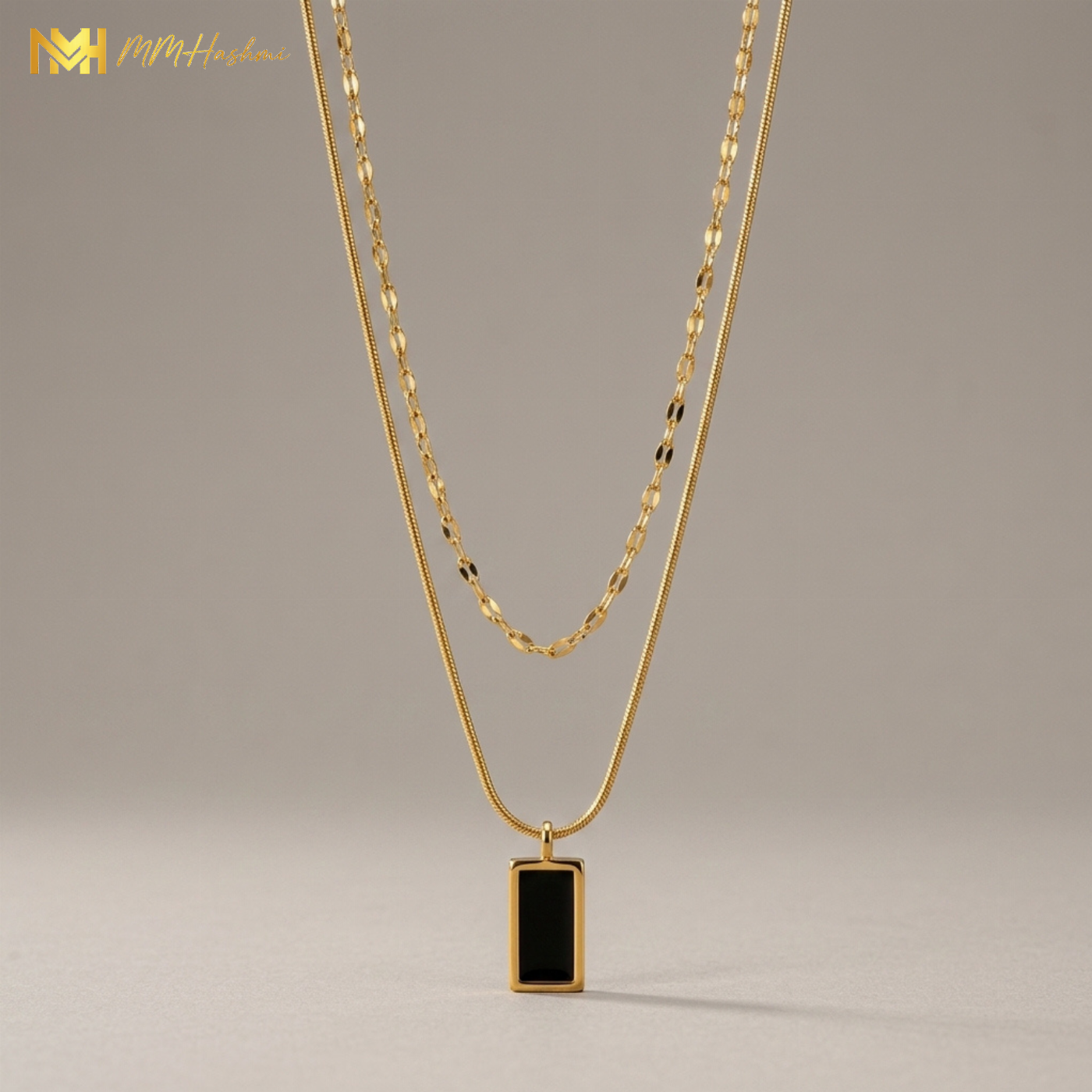 Layered Black Onyx Pendant Gold-Tone Stainless Steel Necklace