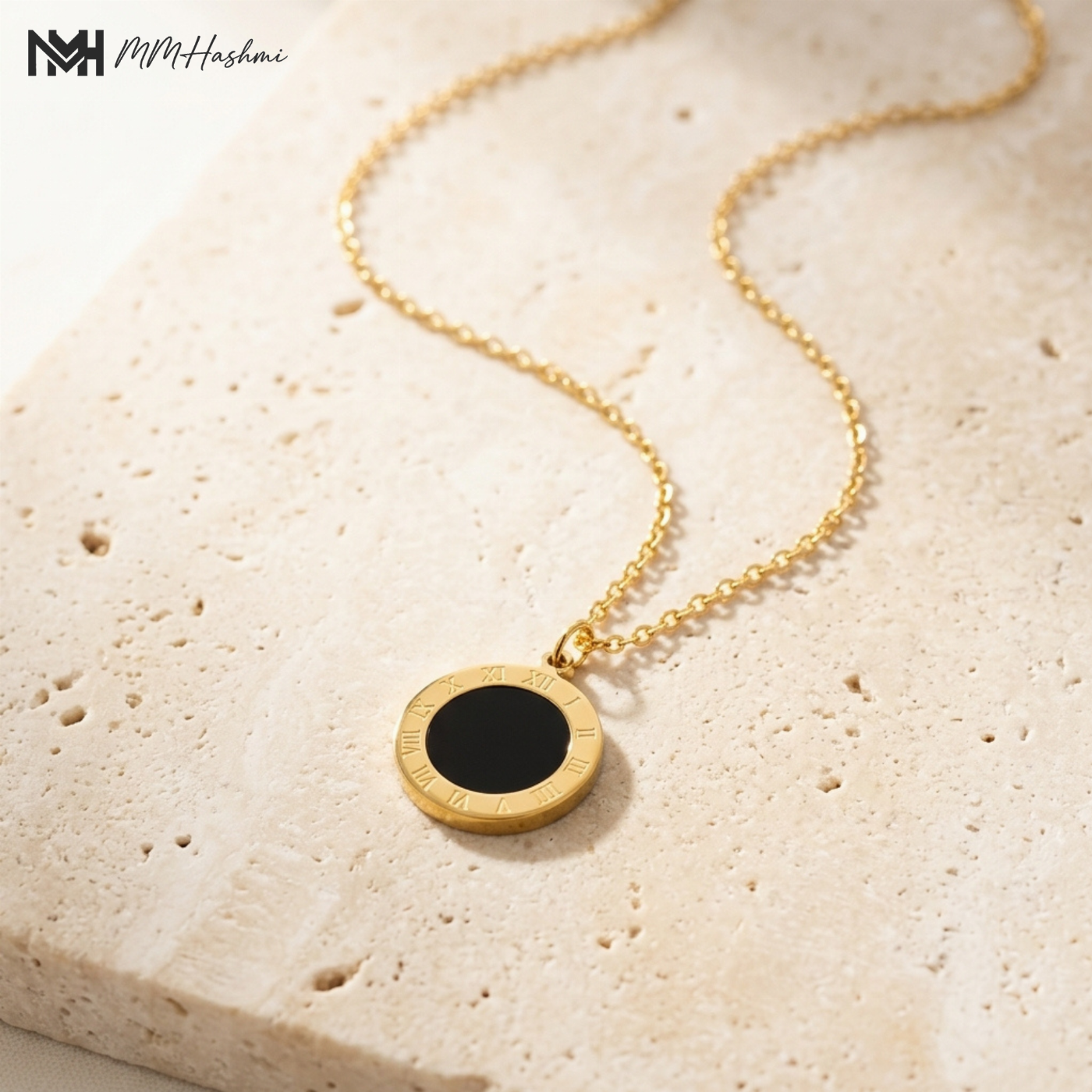 Roman Numeral Black Onyx Coin Gold-Tone Stainless Steel Necklace