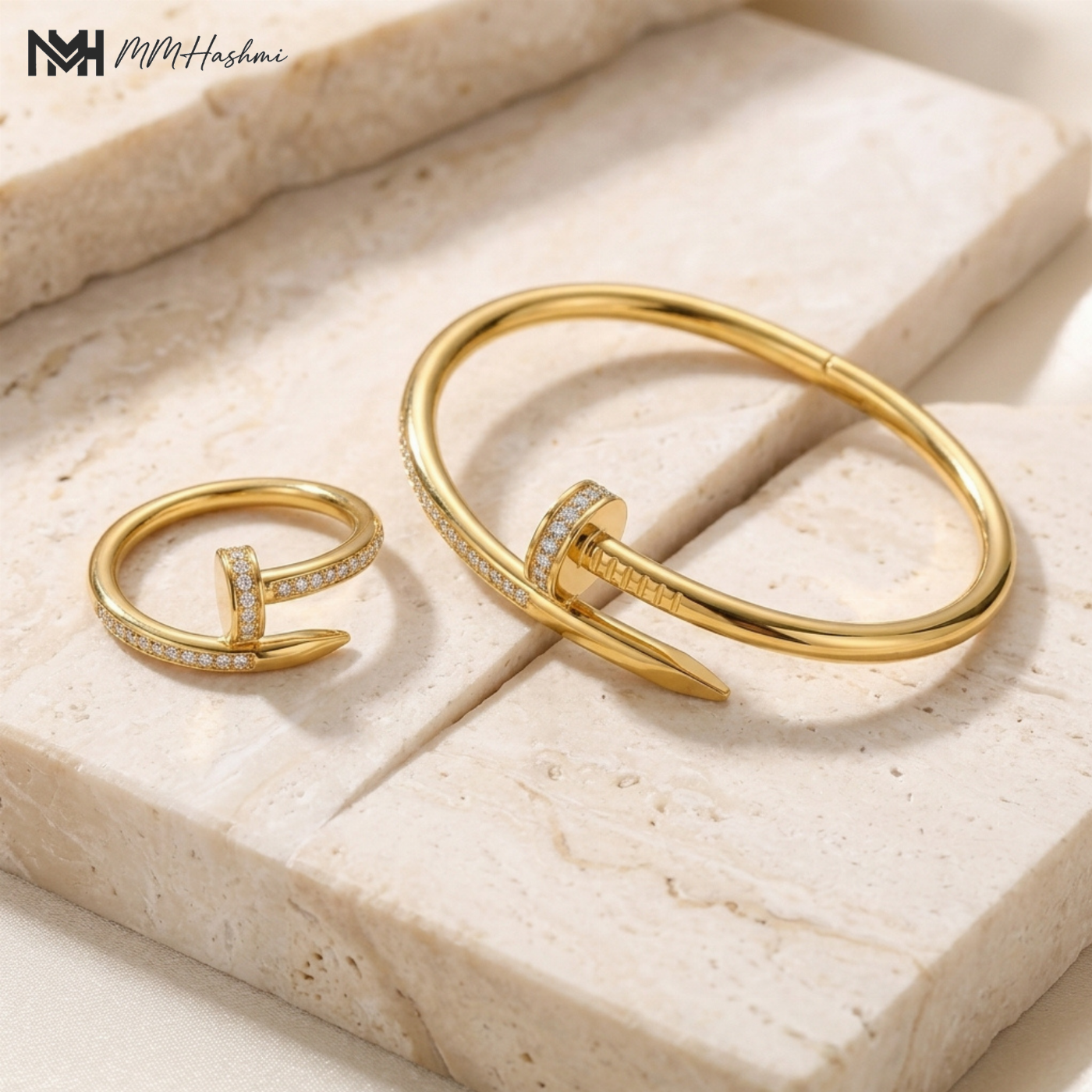 Pave Nail Motif Gold-Tone Stainless Steel Ring & Bracelet