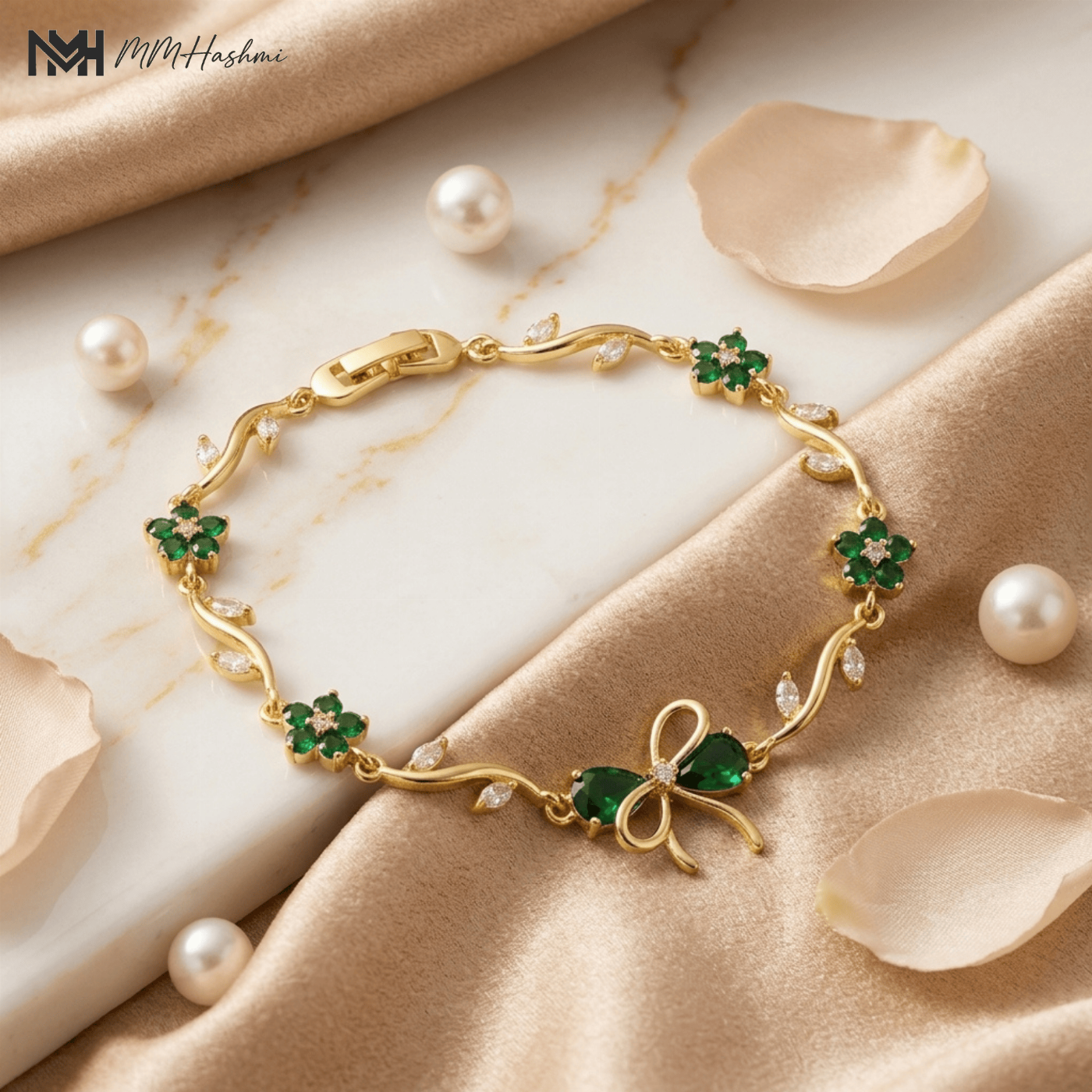 Green Tulip Vine Gold-Tone Stainless Steel Bracelet