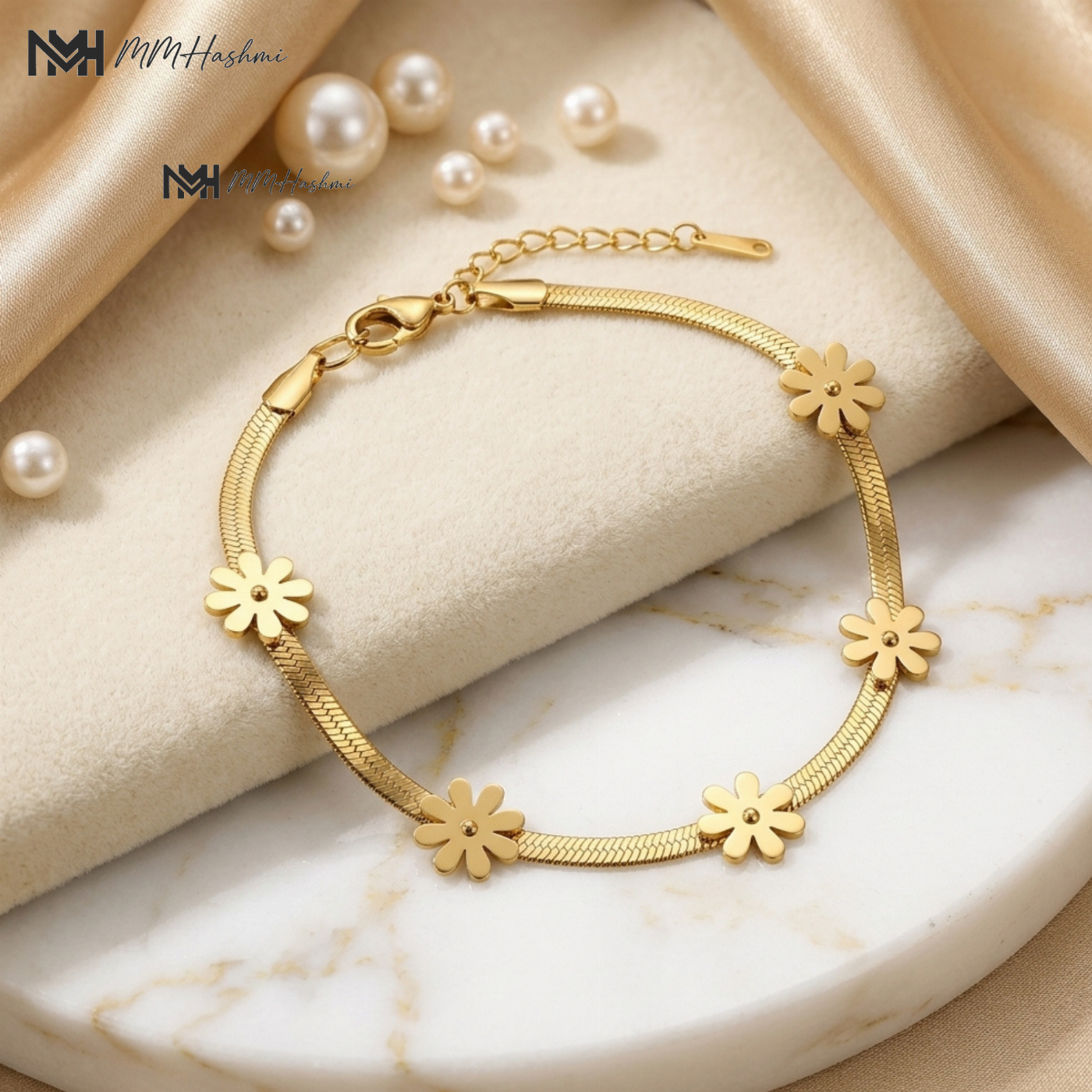 Daisy Flower Herringbone Gold-Tone Stainless Steel Bracelet