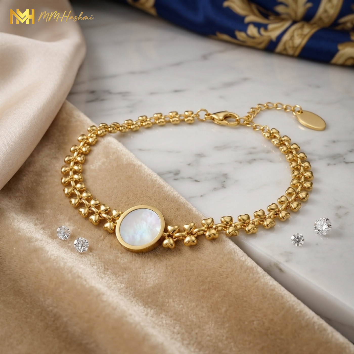 Mother of Pearl Floral Chain Gold-Tone Stainless Steel Bracelet