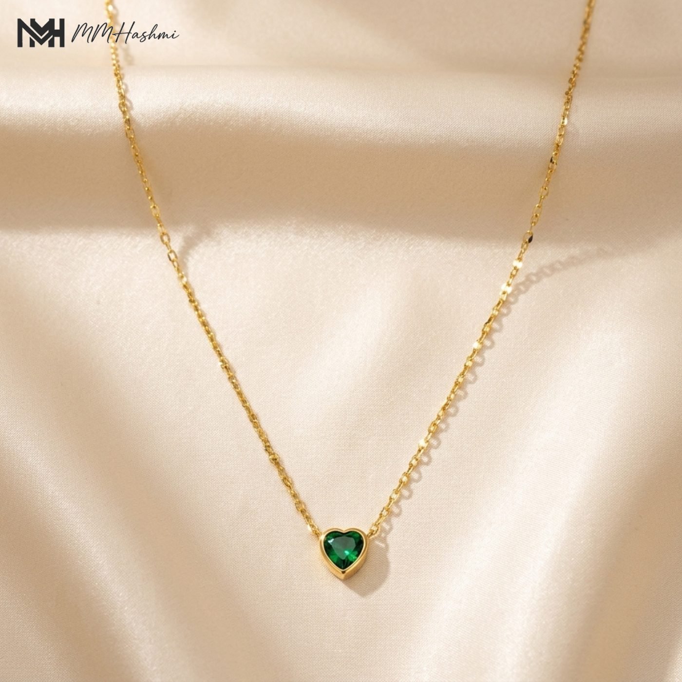 Green Heart Stone Gold-Tone Stainless Steel Necklace